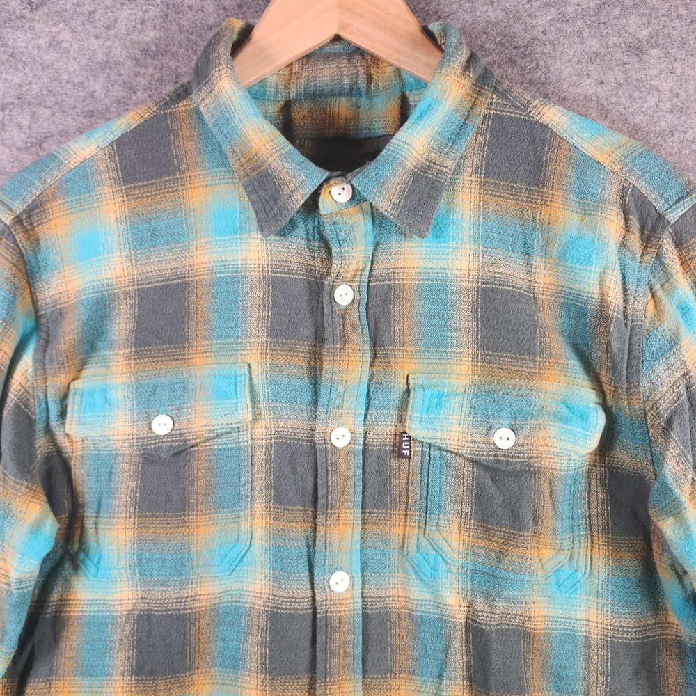 HUF Mens Plaid Flannel Button‎ Up Shirt Teal Orange Grey L Skate Zumiez Hipster